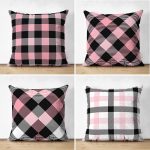 4'lü Çift Taraflı Pembe ve Siyah Ekose Motifli Dekoratif Süet Yastık Kırlent Kılıf Seti Realhomes
