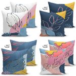 - Suet-K4luset718-1 - Realhomes 4'lü Çift Taraflı Renkli Bohem Yaprak Çizimli Özel Tasarım Modern Süet Yastık Kırlent Kılıfı Seti Realhomes
