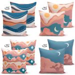 4'lü Çift Taraflı Dağ ve Ay Tasarımlı Dijital Baskılı Dekoratif Süet Yastık Kırlent Kılıfı Seti Realhomes