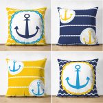 - Suet-K4luset725 - Realhomes 4'lü Çift Taraflı Sarı Lacivert Çapa Motifli Özel Tasarım Modern Süet Yastık Kırlent Kılıfı Seti Realhomes