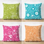 4'lü Çift Taraflı Rengarenk Zeminde Beyaz Çiçek Motifli Dekoratif Süet Yastık Kırlent Kılıfı Seti Realhomes