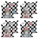 4'lü Damalı Zeminde Pop-art Kız Tasarımlı Modern Süet Yastık Kırlent Kılıfı Seti Realhomes