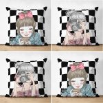 4'lü Damalı Zeminde Pop-art Kız Tasarımlı Modern Süet Yastık Kırlent Kılıfı Seti Realhomes