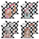 - Suet-K4luset864-1 - Realhomes 4'lü Damalı Zeminde Pop-art Kız Tasarımlı Modern Süet Yastık Kırlent Kılıfı Seti Realhomes