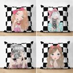 - Suet-K4luset864 - Realhomes 4'lü Damalı Zeminde Pop-art Kız Tasarımlı Modern Süet Yastık Kırlent Kılıfı Seti Realhomes