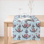 - SuetRunner-10079 - Realhomes  Mavi Çizgili Çapa Tasarımlı Dijital Baskılı Dekoratif Süet Runner Realhomes