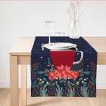 - SuetRunner-10102 - Realhomes  Lacivert Zemin Kırmızı Bardak Desenli Dijital Baskılı Modern Süet Runner Realhomes