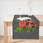 - SuetRunner-10143 - Realhomes  Gri Zemin Çam Yapraklı Mum Tasarımlı Dijital Baskılı Dekoratif Süet Runner Realhomes