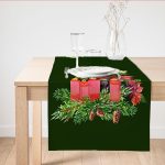 - SuetRunner-10144 - Realhomes  Yeşil Zemin Çam Yapraklı Mum Tasarımlı Dijital Baskılı Modern Süet Runner Realhomes