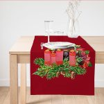 - SuetRunner-10145 - Realhomes  Bordo Zemin Çam Yapraklı Mum Tasarımlı Dijital Baskılı Dekoratif Süet Runner Realhomes