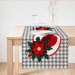 - SuetRunner-10205 - Realhomes Gri Ekose Zemin & Kırmızı Kuş Tasarımlı Dijital Baskılı Modern Süet Runner Realhomes