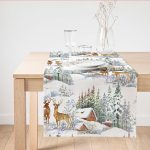 - SuetRunner-10369 - Realhomes Kış Temalı Bağ Evi & Geyik Tasarımlı Dijital Baskılı Modern Süet Runner Realhomes