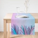 Toz Mavisi Zeminli Tropik Yapraklı Özel Tasarım Dijital Baskılı Süet Runner Realhomes