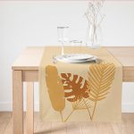 - SuetRunner-6777 - Realhomes  Krem Zemin Tropik Yaprak Motifli Dijital Baskılı Süet Runner Realhomes