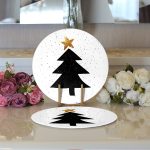 Beyaz Zemin Siyah Çam Ağacı Çizimli Dijital Baskılı Dekoratif 2'li Yuvarlak Servis Altlığı – Supla Realhomes