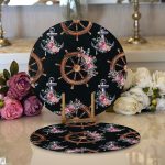 Siyah Zemin Çapa & Dümen Tasarımlı Dijital Baskılı Modern 2'li Yuvarlak Servis Altlığı – Supla Realhomes