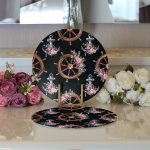 Siyah Zemin Çapa & Dümen Tasarımlı Dijital Baskılı Modern 2'li Yuvarlak Servis Altlığı – Supla Realhomes