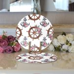 Beyaz Zemin Çapa & Dümen Tasarımlı Dijital Baskılı Dekoratif 2'li Yuvarlak Servis Altlığı – Supla Realhomes