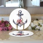 Beyaz Zeminde Sade Çapa Tasarımlı Dijital Baskılı Dekoratif 2'li Yuvarlak Servis Altlığı – Supla Realhomes