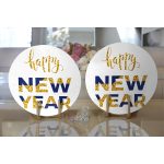 Beyaz Zemin Gold & Lacivert Happy New Year Çizimli Dijital Baskılı Modern 2'li Yuvarlak Servis Altlığı – Supla Realhomes