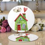 Minyatür Yeşil Ev Çizimli Dijital Baskılı Modern 2'li Yuvarlak Servis Altlığı – Supla Realhomes