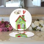 Minyatür Yeşil Ev Çizimli Dijital Baskılı Modern 2'li Yuvarlak Servis Altlığı – Supla Realhomes