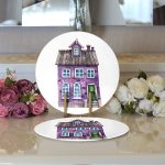 Minyatür Mor Ev Çizimli Dijital Baskılı Modern 2'li Yuvarlak Servis Altlığı – Supla Realhomes