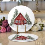 Karlı Ev & Çam Ağacı Tasarımlı Dijital Baskılı Modern 2'li Yuvarlak Servis Altlığı – Supla Realhomes