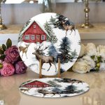 Kar Zeminli Geyik & Çam Ağacı Tasarımlı Dijital Baskılı Dekoratif 2'li Yuvarlak Servis Altlığı – Supla Realhomes