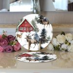 Kar Zeminli Geyik & Çam Ağacı Tasarımlı Dijital Baskılı Dekoratif 2'li Yuvarlak Servis Altlığı – Supla Realhomes