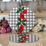 Gri Ekose Zemin & Kırmızı Kuş Tasarımlı  Dijital Baskılı Dekoratif 2'li Yuvarlak Servis Altlığı – Supla Realhomes