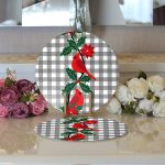 Gri Ekose Zemin & Kırmızı Kuş Tasarımlı  Dijital Baskılı Dekoratif 2'li Yuvarlak Servis Altlığı – Supla Realhomes