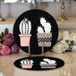 Siyah Kumlama Zemin Kaktüs Tasarımlı Dijital Baskılı Modern 2'li Yuvarlak Servis Altlığı – Supla Realhomes