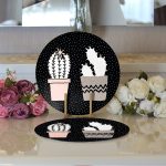 Siyah Kumlama Zemin Kaktüs Tasarımlı Dijital Baskılı Modern 2'li Yuvarlak Servis Altlığı – Supla Realhomes