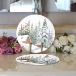 Bağ Evi Tasarımlı Kış Temalı Dijital Baskılı Dekoratif 2'li Yuvarlak Servis Altlığı – Supla Realhomes