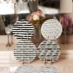 - Supla4lu-Set118 - Realhomes 4'lü Siyah Beyaz Çizgili Altın Varaklı Yaprak Tasarımlı Servis Altlığı & Supla Realhomes