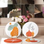 - Supla4lu-Set151-1 - Realhomes 4'lü Beyaz Zemin Turuncu Soyut Tasarımlı Servis Altlığı & Supla Realhomes