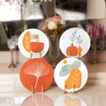 - Supla4lu-Set151 - Realhomes 4'lü Beyaz Zemin Turuncu Soyut Tasarımlı Servis Altlığı & Supla Realhomes