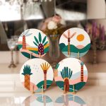 - Supla4lu-Set169 - Realhomes 4'lü Renkli Zeminli Onedraw Çizimli Ağaç Desenli Servis Altlığı & Supla Realhomes