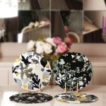 4'lü Siyah Zeminli Gold Detaylı Yaprak Desenli Modern Servis Altlığı & Supla Realhomes