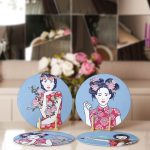 - Supla4lu-Set67-1 - Realhomes 4'lü Mavi Zemin Etnik Kadın Figürlü Servis Altlığı & Supla Realhomes