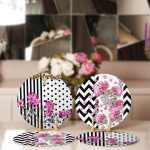 - Supla4lu-Set73-1 - Realhomes  4'lü Siyah Beyaz Zemin Çiçek Tasarımlı Servis Altlığı & Supla Realhomes