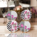 - Supla4lu-Set73 - Realhomes  4'lü Siyah Beyaz Zemin Çiçek Tasarımlı Servis Altlığı & Supla Realhomes