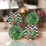 - Supla4lu-Set89 - Realhomes 4'lü Siyah Beyaz Geometrik Zeminli Yeşil Yapraklı Servis Altlığı & Supla Realhomes