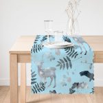 Mavi Zeminli Geyik ve Yaprak Desenli Dekoratif Özel Tasarım Runner Realhomes