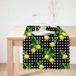 - runner3107-1 - Realhomes Siyah Zeminde Ekose Desenli Limon Baskılı Dekoratif Runner Realhomes