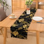 - runner3169 - Realhomes  Siyah Zeminde Altın Yapraklar Desenli Dekoratif Özel Tasarım Runner Realhomes