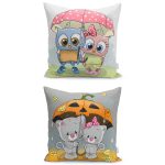 - K2liSet422v834 - Realhomes 2'li Şemsiyeli Sevimli Kedi & Baykuşlar Yastık Kırlent Kılıf Seti Realhomes