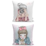 - K2liSet584v587 - Realhomes 2'li Kahve İçen & Fotoğraf Çeken Kız Tasarımlı Yastık Kırlent Kılıf Seti Realhomes