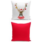 - K2liSet840v956 - Realhomes 2'li Yılbaşı Temalı Geyik & Düz Kırmızı Yastık Kırlent Kılıf Seti Realhomes